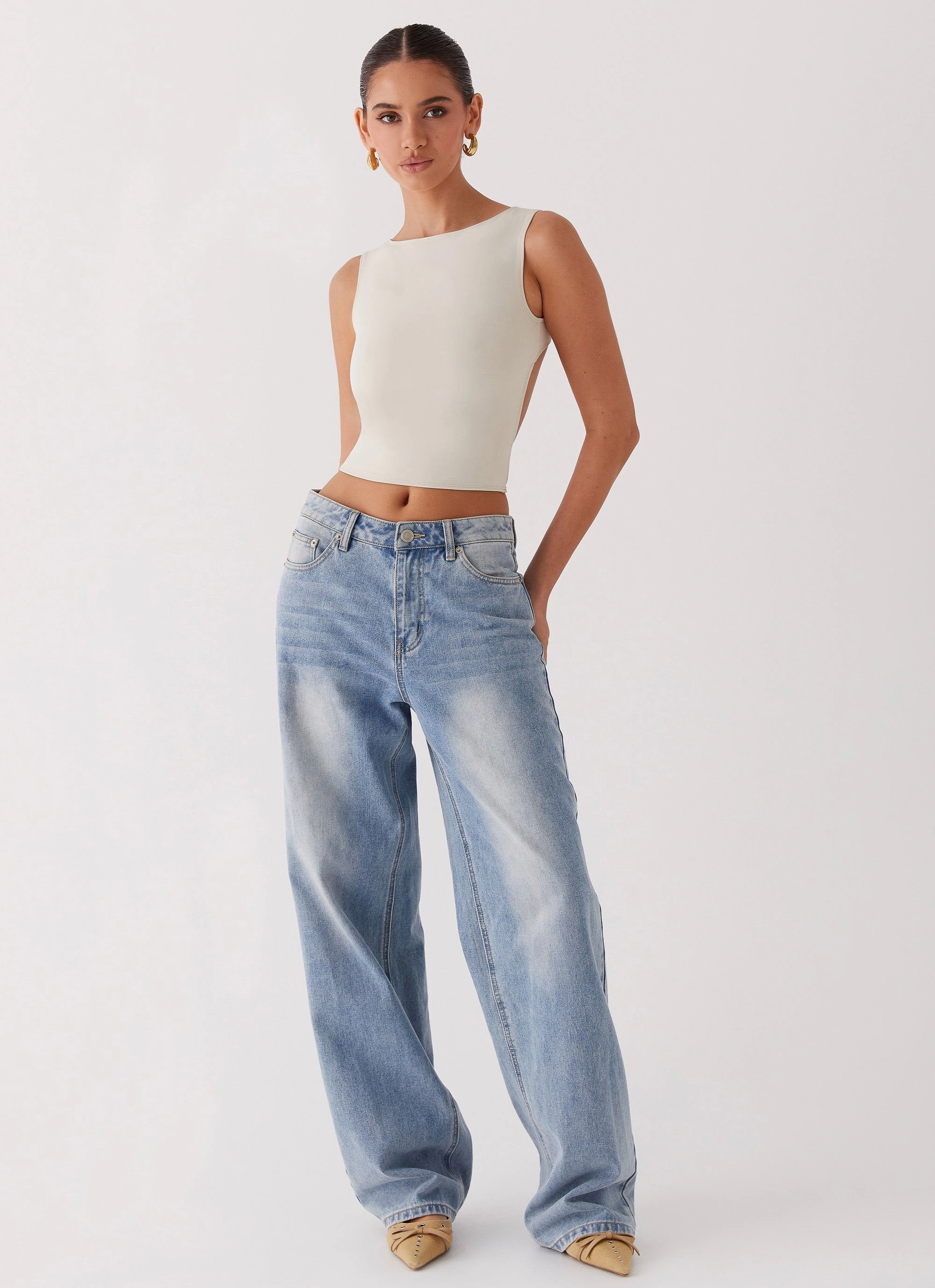 Saskie Crop Top - Ivory Button Down Collar Style