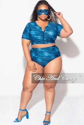 OdorResistantTreatment hypoallergenic material Exclusive Chic And Curvy - Final Sale Plus Size 2pc Swimwear in Faux Blue Denim Print