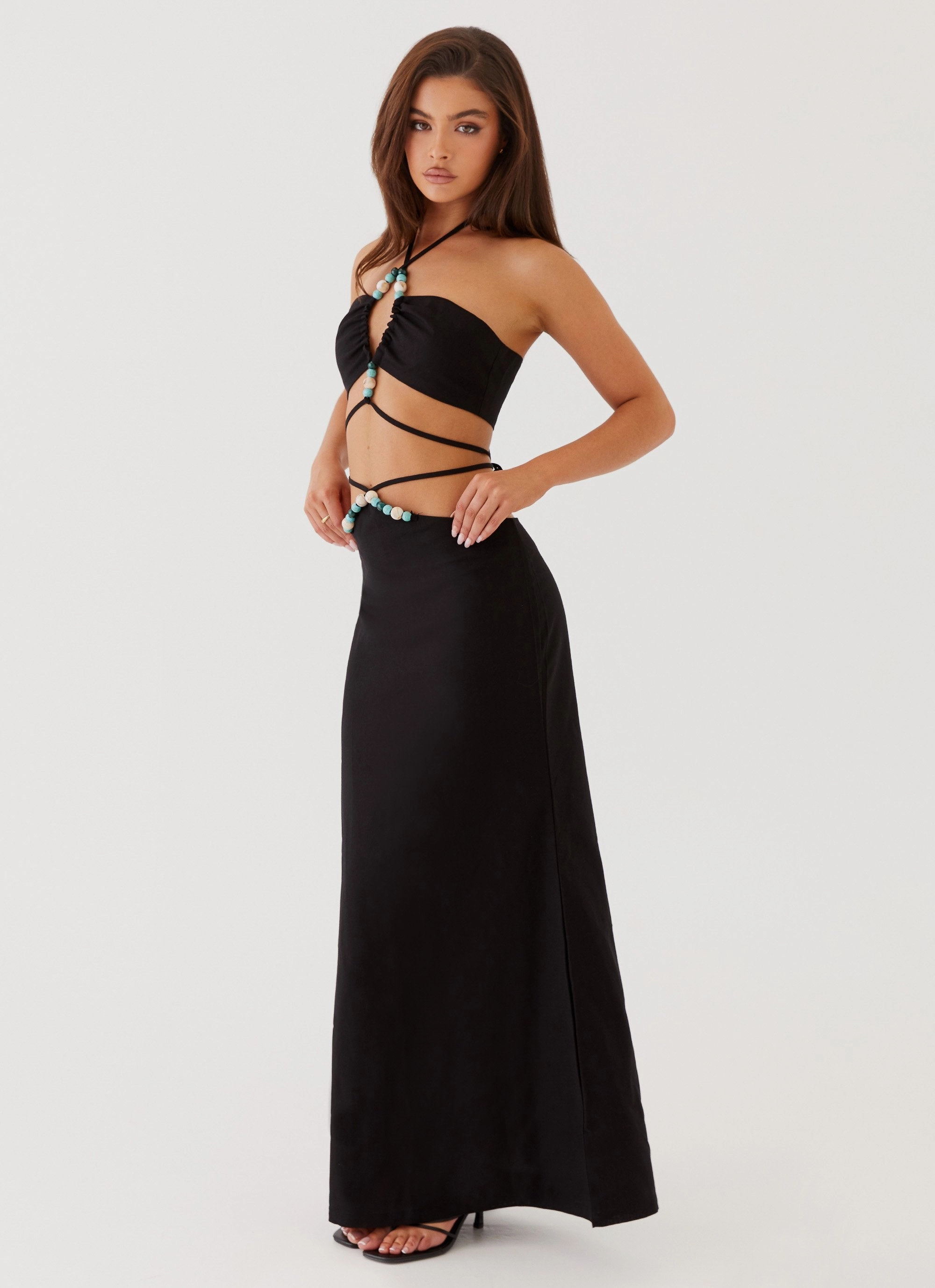 Flattering Look Light wash Neveah Beaded Maxi Skirt - Black