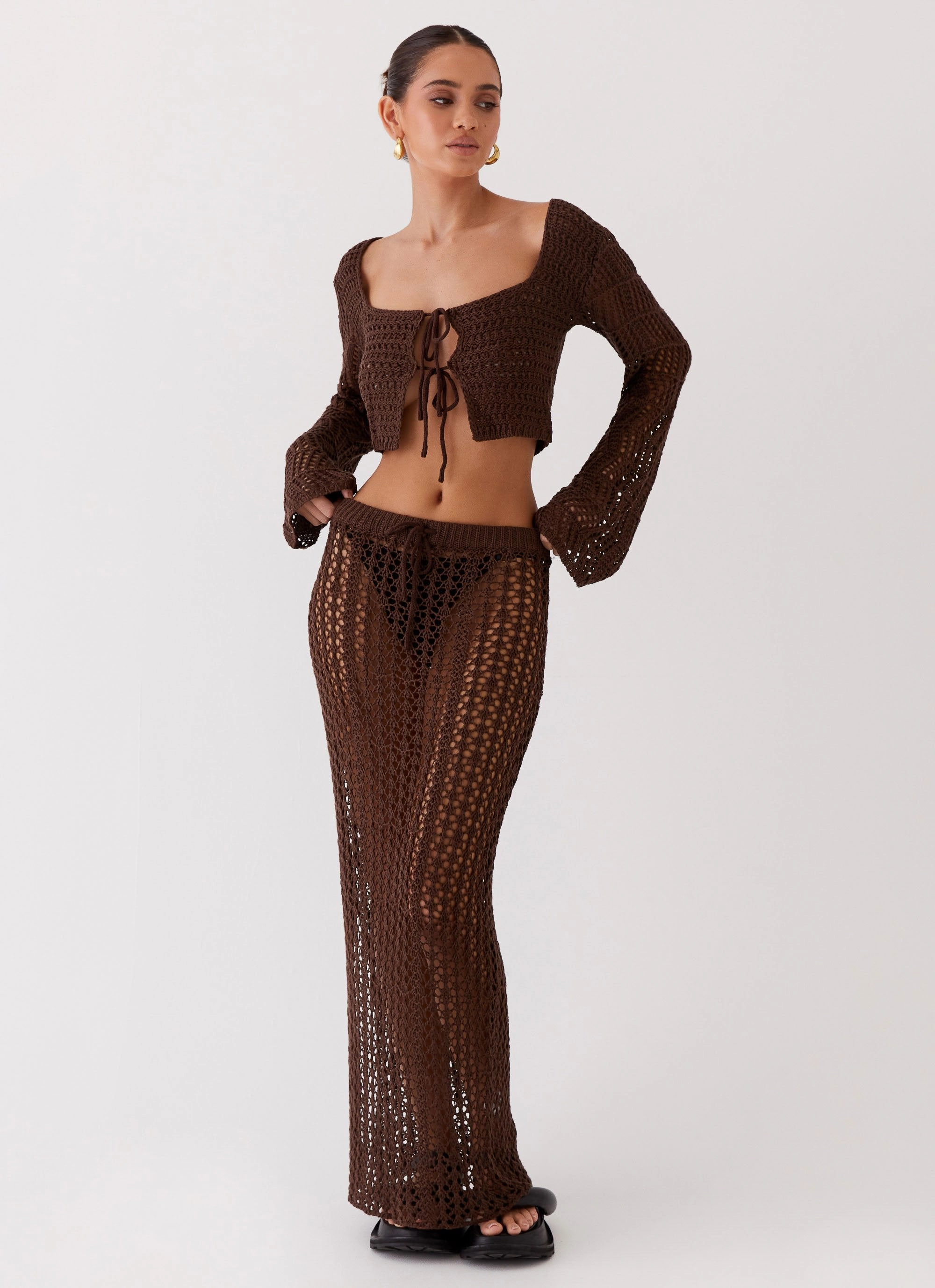 Glove Compatible Cuffs Stretch Comfort Rosalina Crochet Maxi Skirt - Chocolate