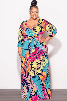 Final Sale Plus Size Deep V Faux Wrap Dress with 3/4 Sleeves in Navy Multi Leaf Print Sport Friendly Seasonal Basic