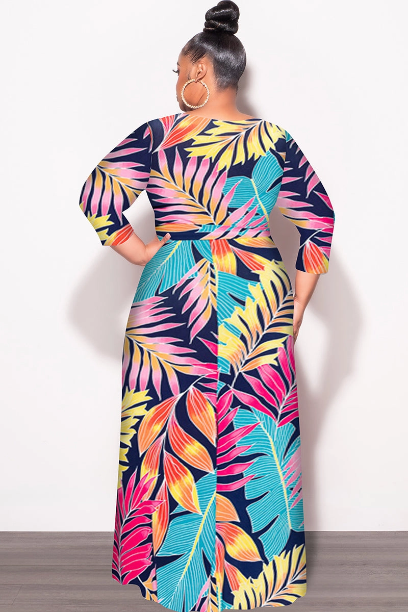 Final Sale Plus Size Deep V Faux Wrap Dress with 3/4 Sleeves in Navy Multi Leaf Print Reversible design Essential Look
