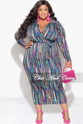 Final Sale Plus Size Bodycon Faux Wrap Dress in Multi-Color Print Cozy Stretch Fit Essential Comfort