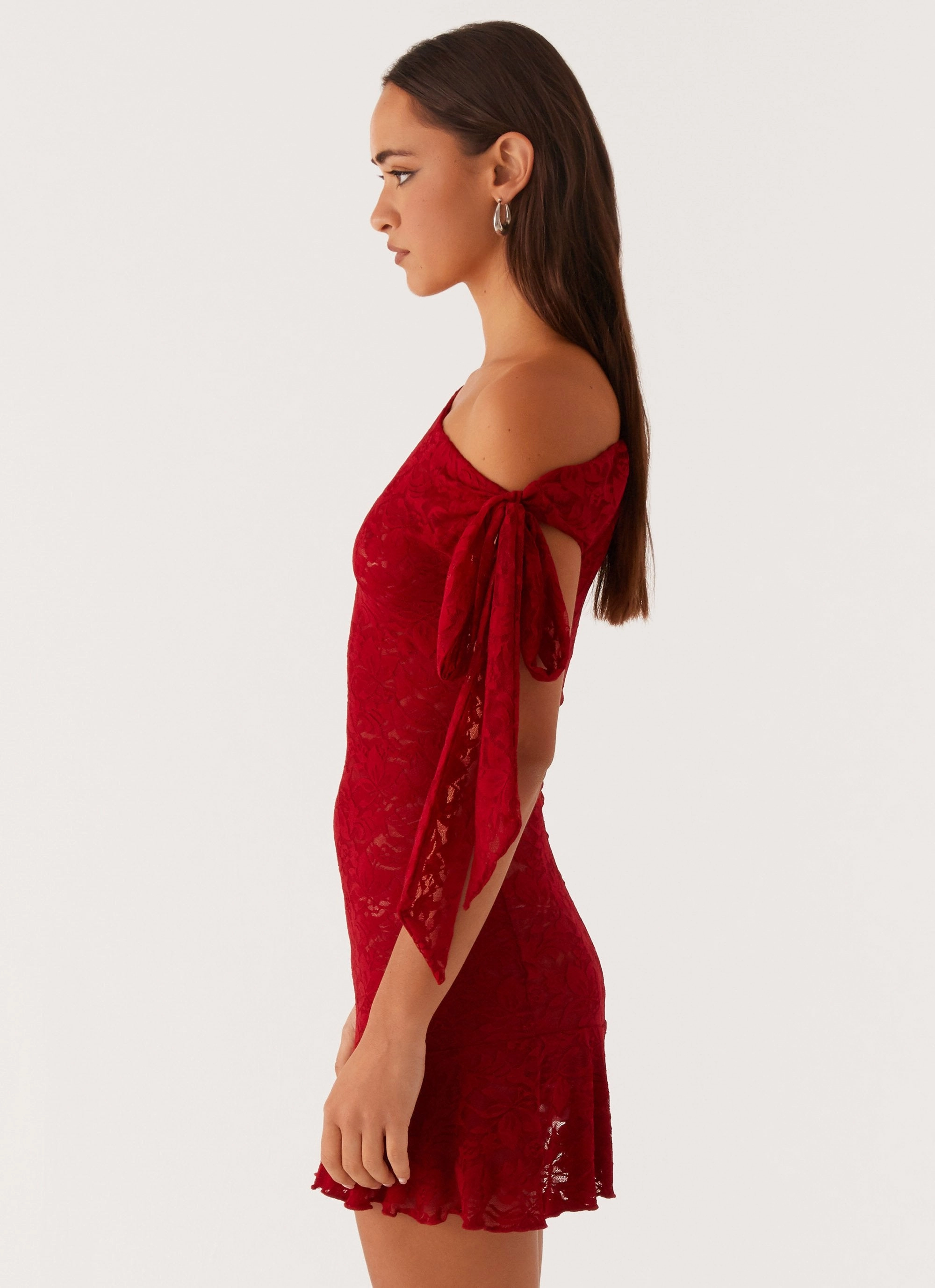 Comfy Comfort Gathered Skirt Palm House Lace Mini Dress - Red