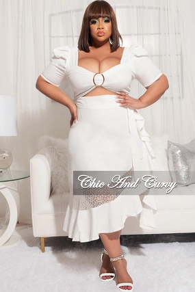 Final Sale Plus Size 2pc Crop Top and High Waist Ruffle Contrast Lace Skirt in Ivory Breathable Wearable Shape Flex