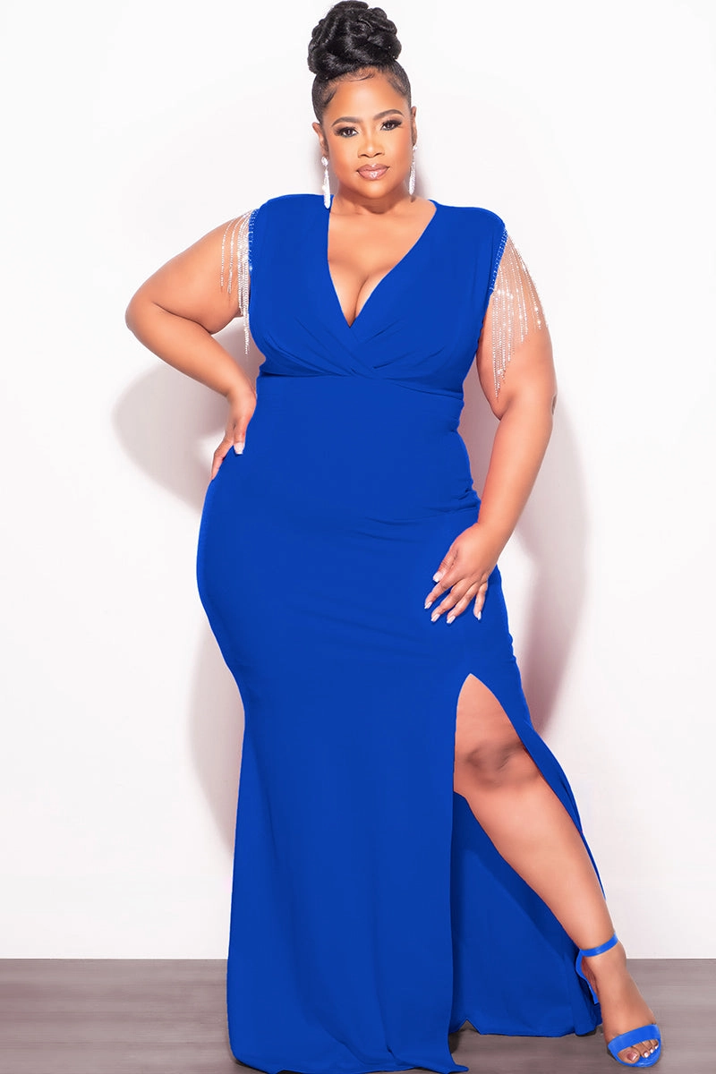 Final Sale Plus Size Faux Wrap Rhinestone Fringe Sleeve Maxi Dress in Royal Blue Chilly Weather Comfort Active Layer