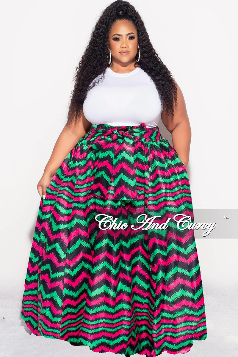 Final Sale Plus Size High Waist Maxi Skirt with Tie in Fuchsia Green and Navy Zig Zag Print Anti Static Fabric