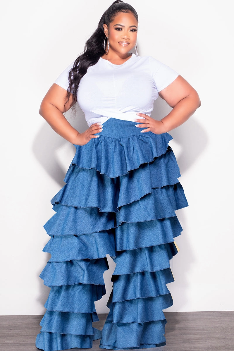 Final Sale Plus Size High Waist Ruffle Pants Chambray in Dark Denim Color windproof Roomy Shape