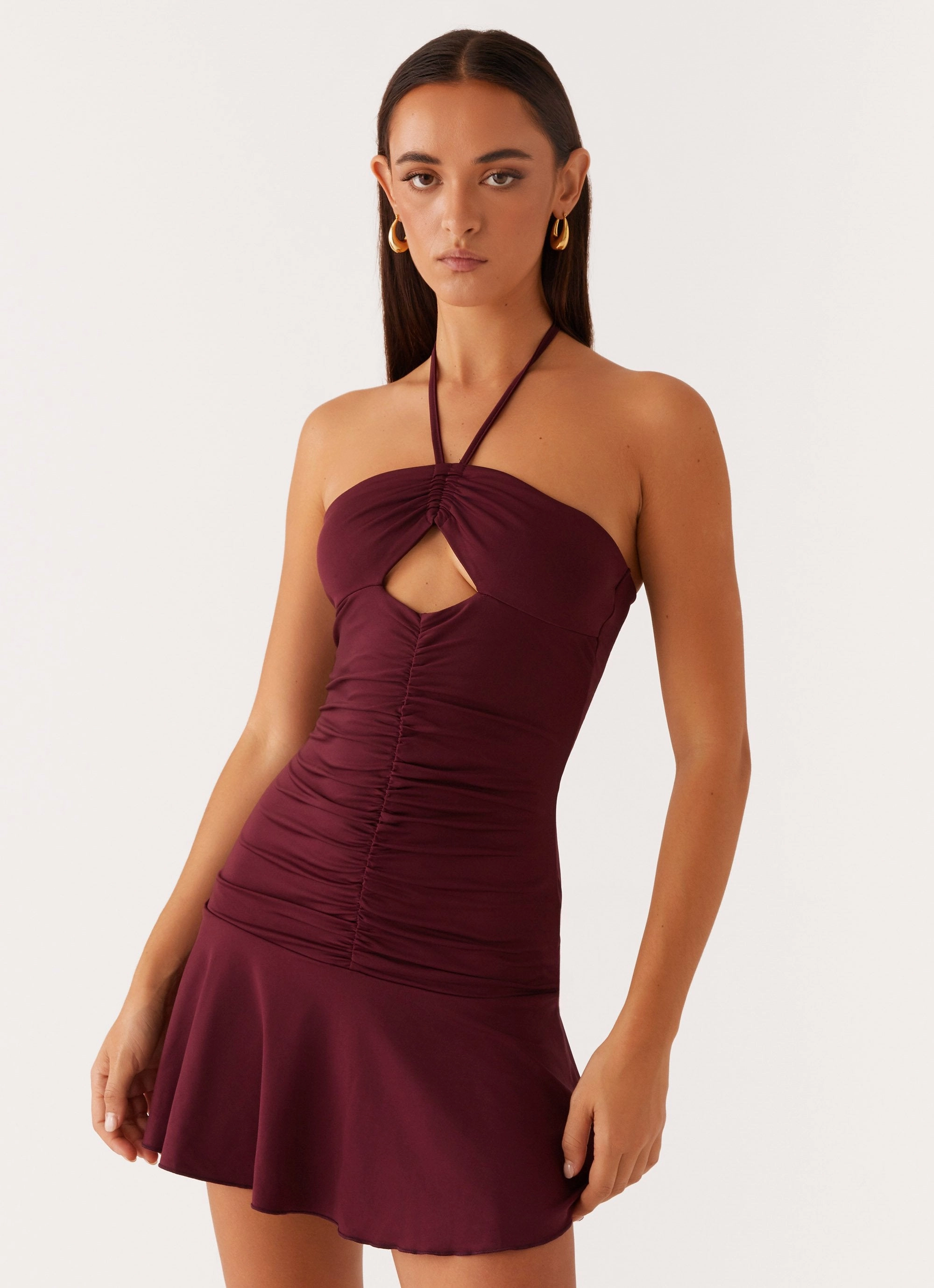 Katrina Halterneck Mini Dress - Deep Maroon Easy Fit