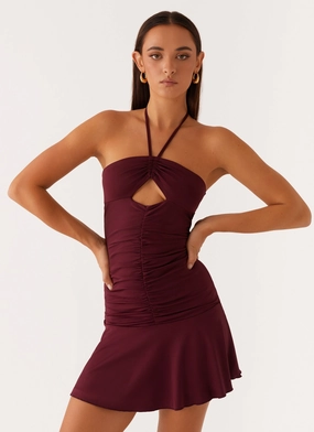 Katrina Halterneck Mini Dress - Deep Maroon Urban Cool Comfy Look