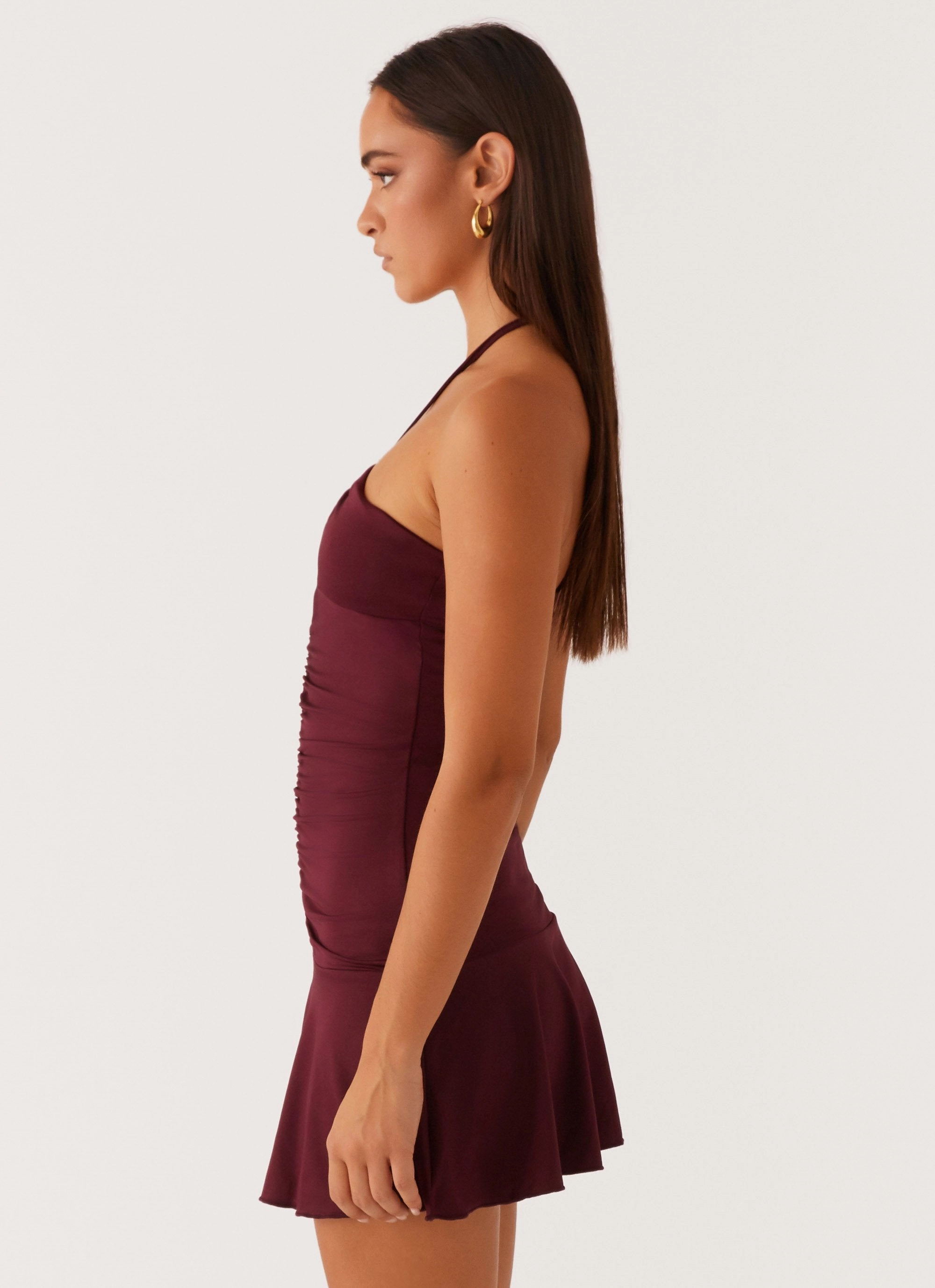 Katrina Halterneck Mini Dress - Deep Maroon Brunch Glow Trendy And Comfortable