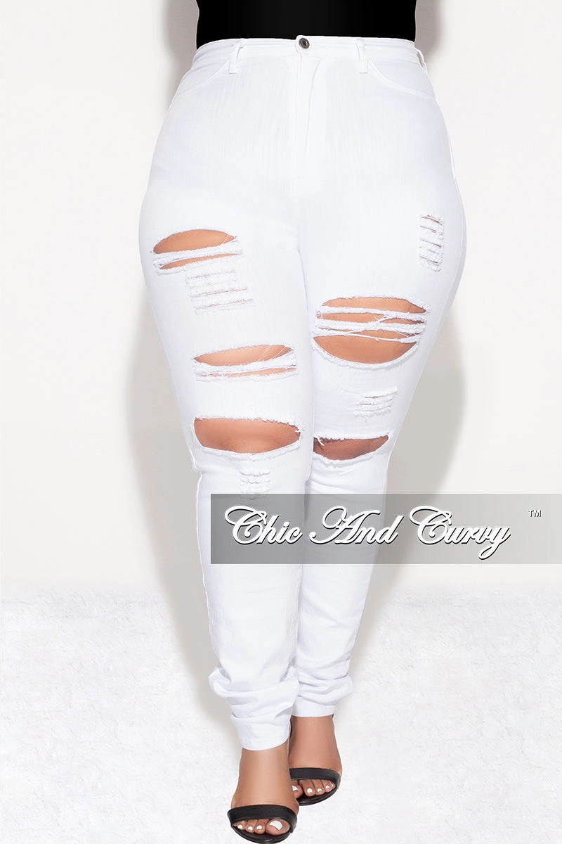 Quick Access Pockets WindproofLayer Final Sale Plus Size Denim Jeans with Ripped Front in White