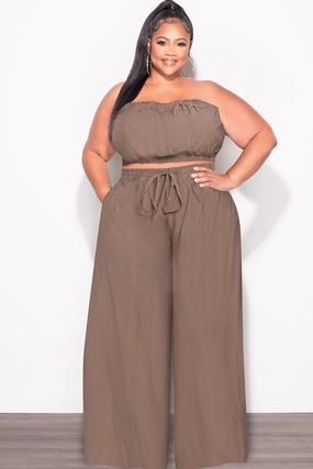 Final Sale Plus Size 2pc Strapless Crop Top and Flare Pants Set In Mocha Brown quick dry Smart Casual