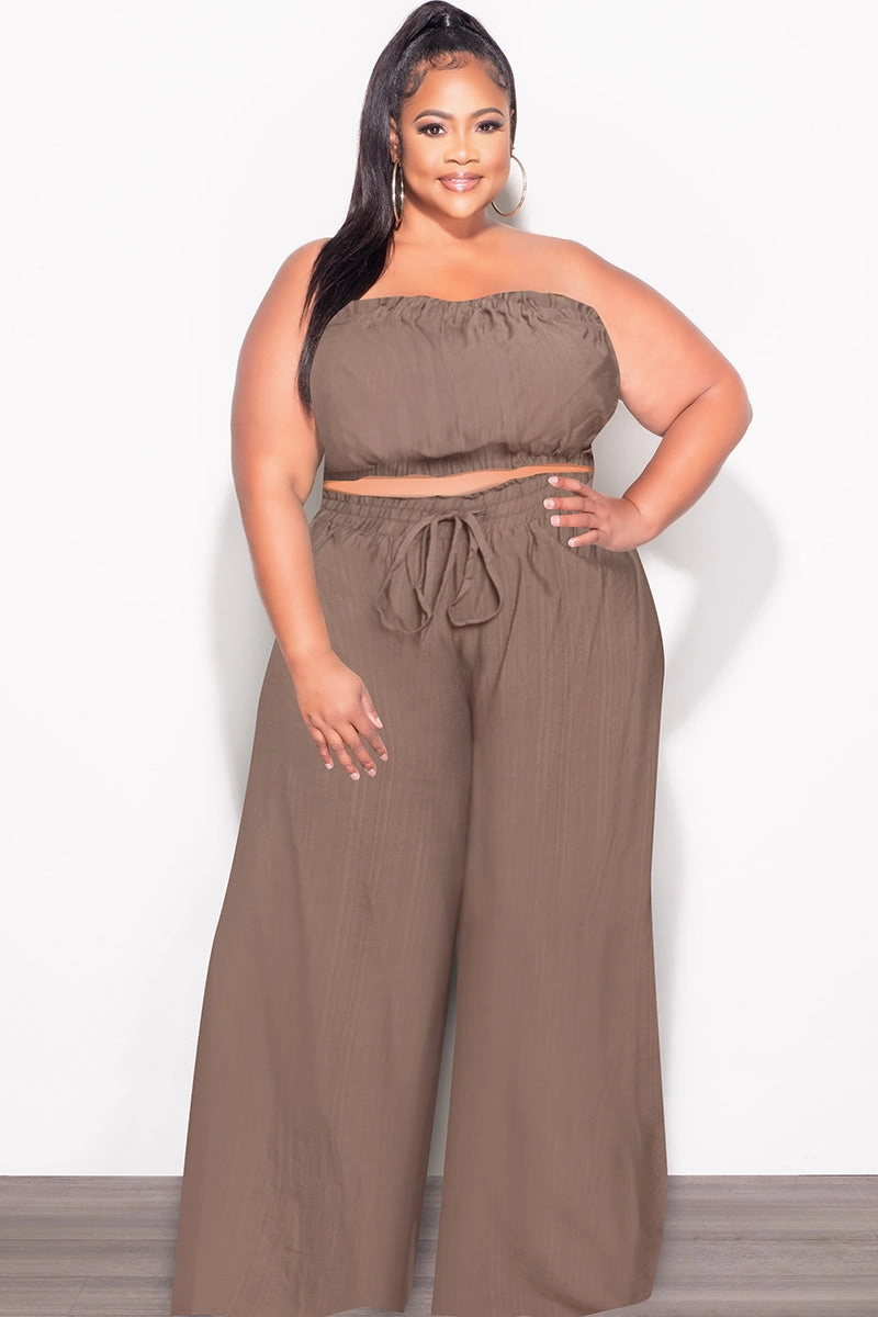Free Movement Adjustable Drawcord Final Sale Plus Size 2pc Strapless Crop Top and Flare Pants Set In Mocha Brown