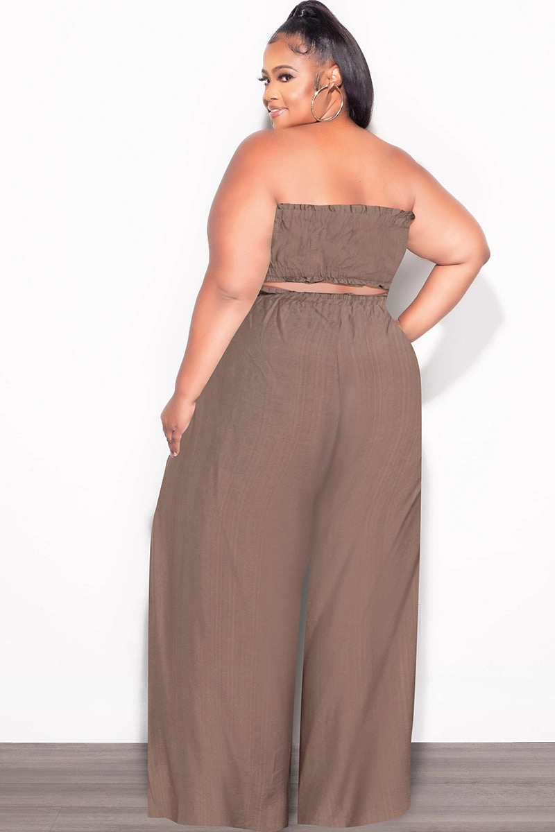 Fashionable Fit Final Sale Plus Size 2pc Strapless Crop Top and Flare Pants Set In Mocha Brown