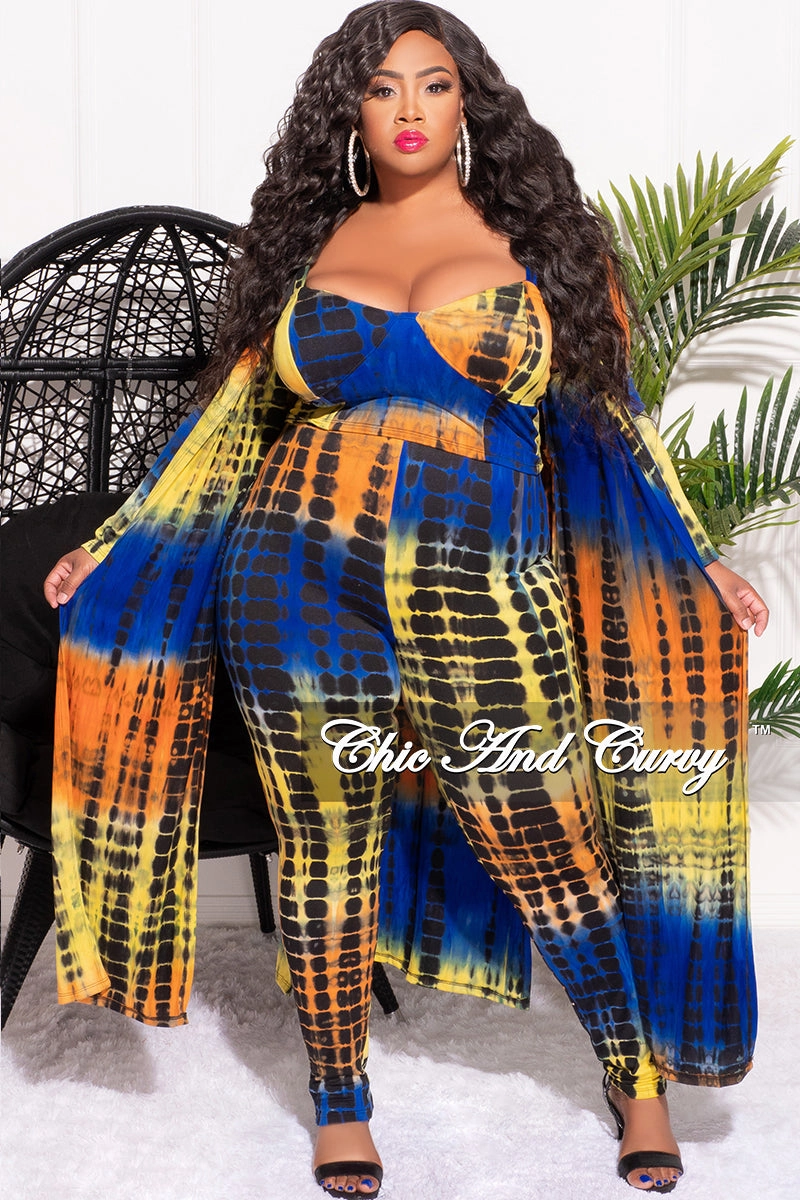 Final Sale Plus Size 3pc Set (Cardigan Crop Top and Legging) in Royal Blue Orange Yellow and Black Tie Dye Print Chic Fit