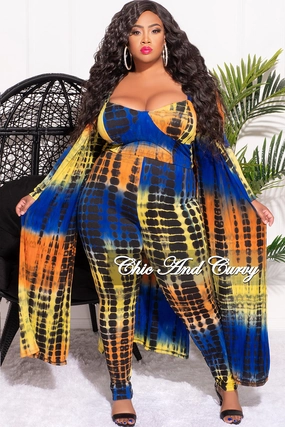 Final Sale Plus Size 3pc Set (Cardigan Crop Top and Legging) in Royal Blue Orange Yellow and Black Tie Dye Print Chic Fit