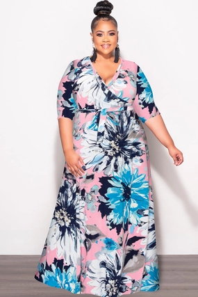 Final Sale Plus Size Faux Wrap Dress in Blue Floral Print Comfortable Look Comfort waistband