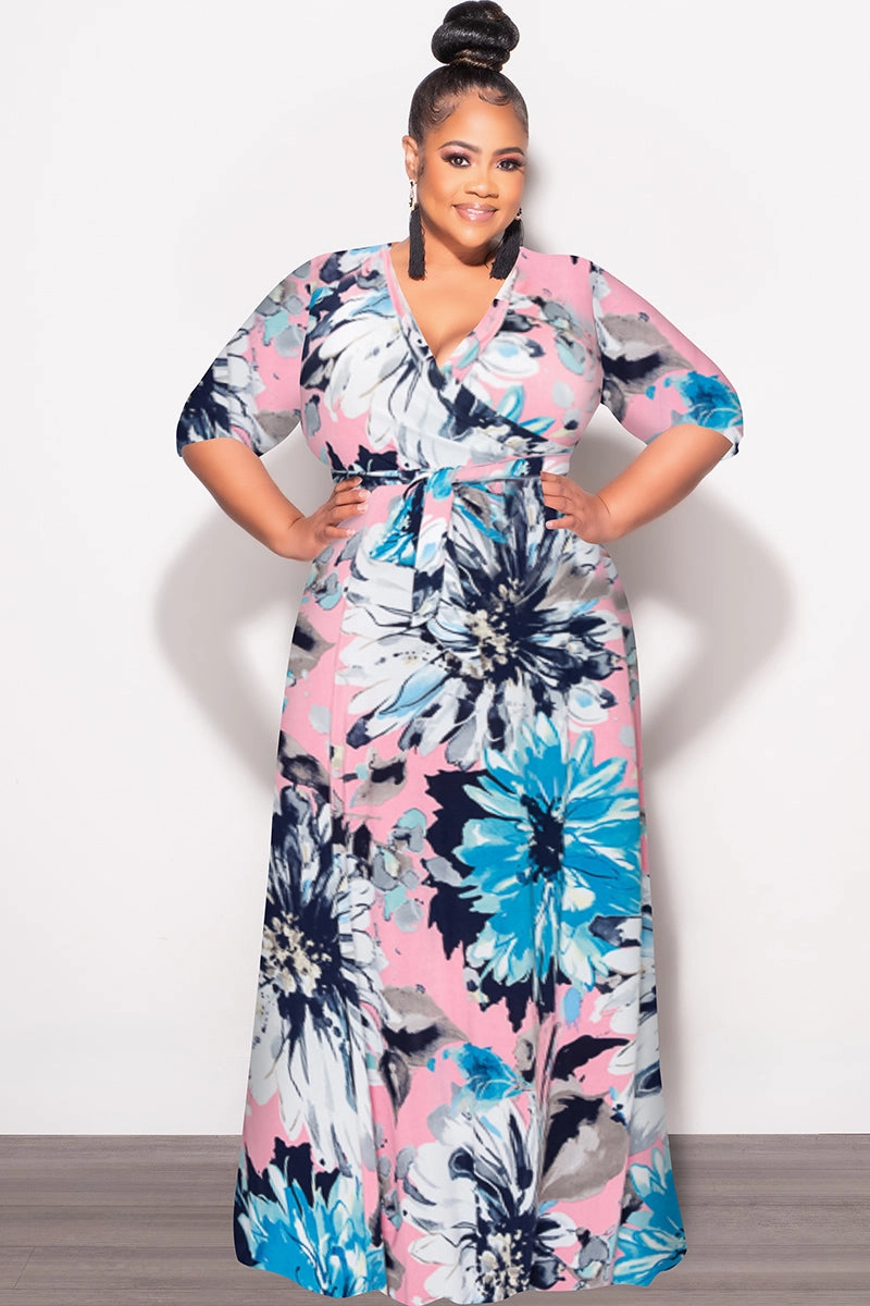 Final Sale Plus Size Faux Wrap Dress in Blue Floral Print Versatile Layer
