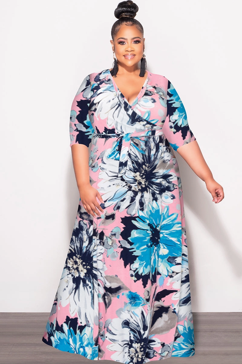 Final Sale Plus Size Faux Wrap Dress in Blue Floral Print Comfortable Look Comfort waistband