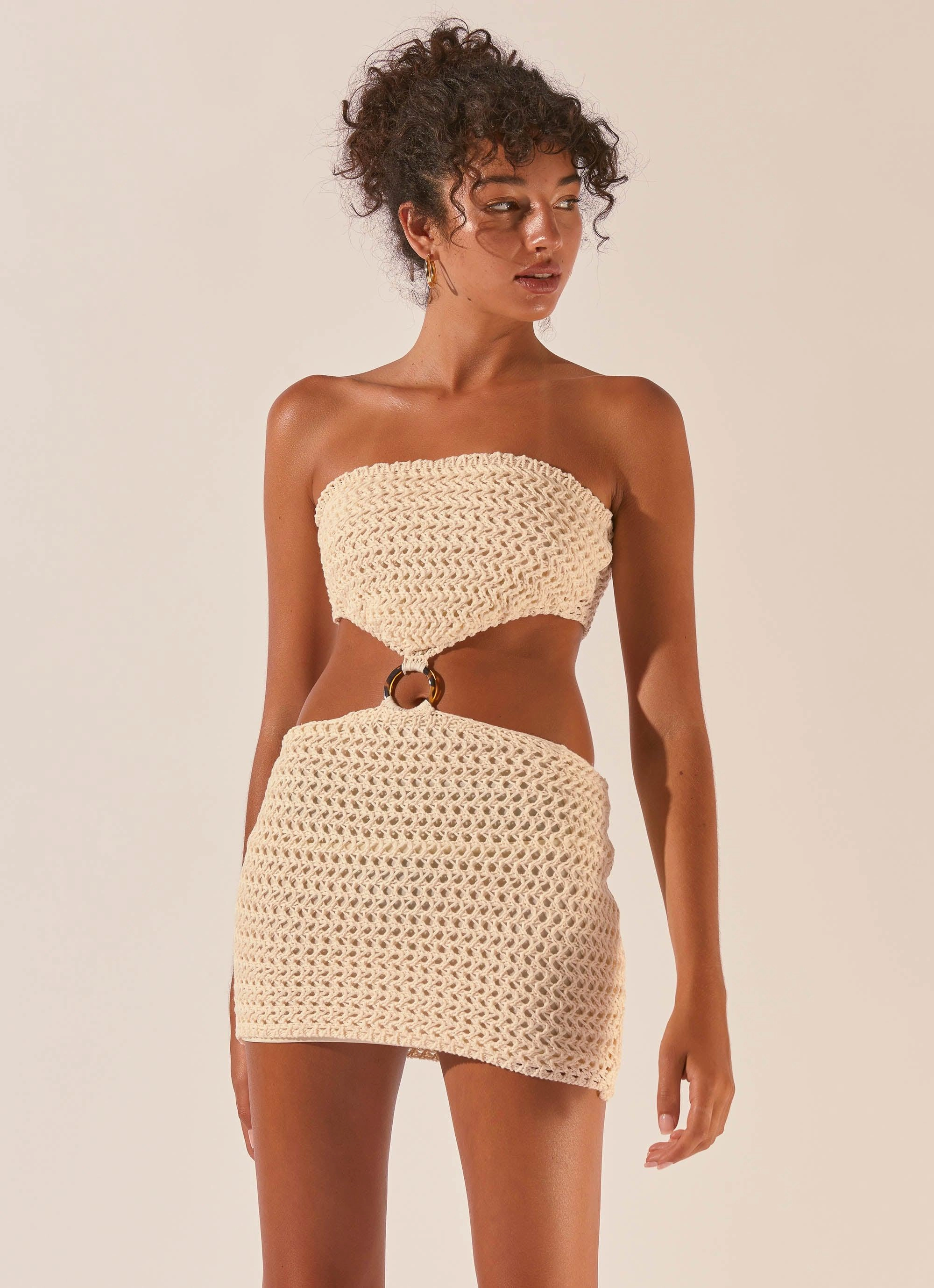 Balmy Nights Crochet Mini Dress - Seashell Calm Drape