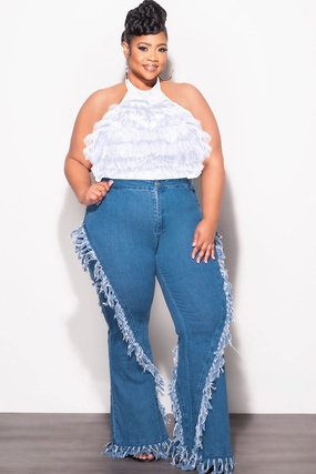Minimalist Fit Active Appeal Final Sale Plus Size High Waist Fringe Trim Denim Jeans in Denim