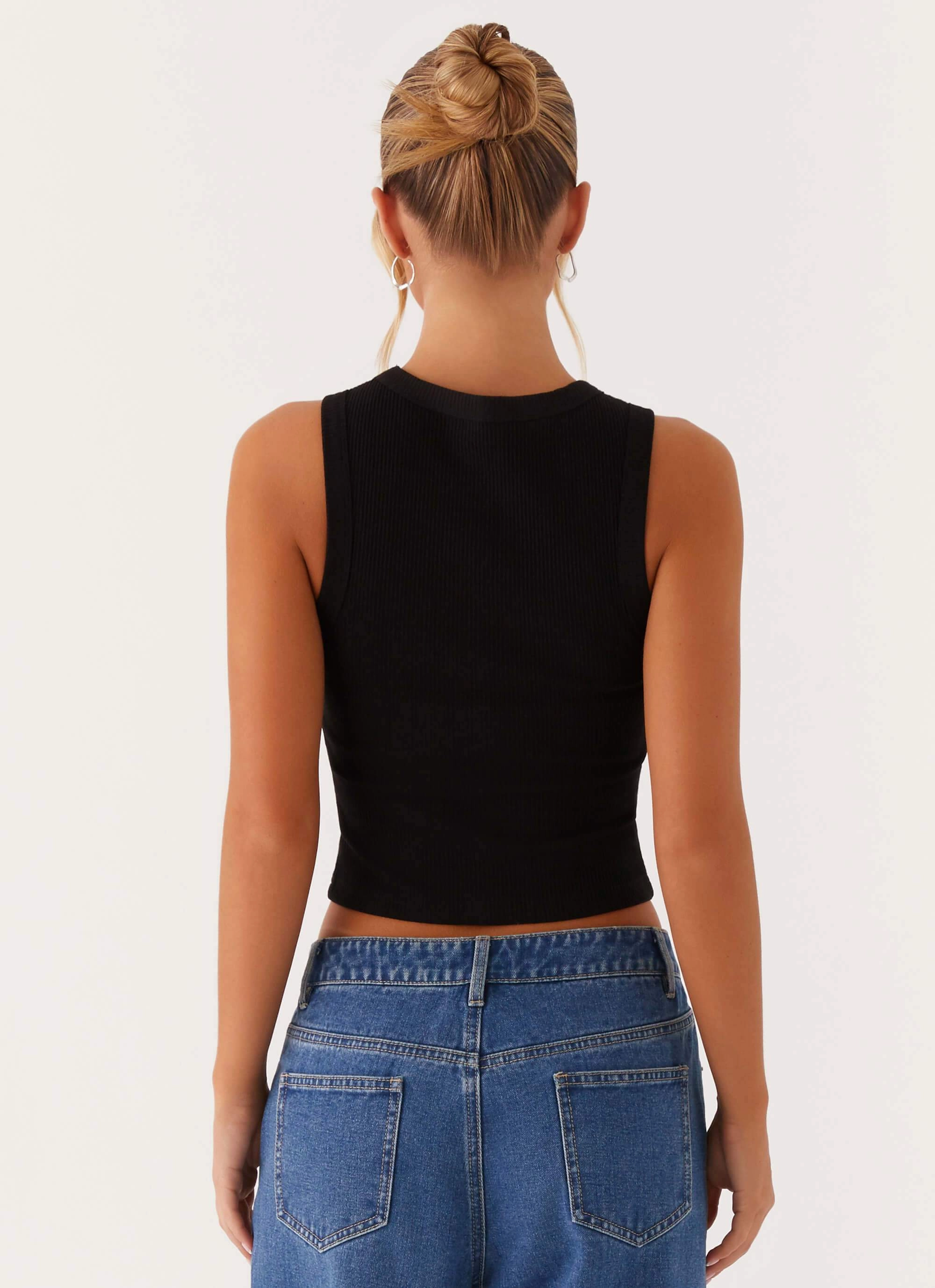 Yarn Dyed Fabric Sporty Cardigan Veda Tank Top - Black