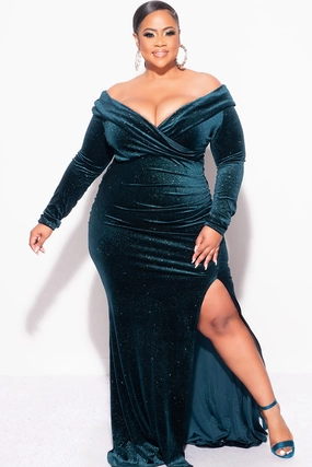 Final Sale Plus Size Glitter Off the Shoulder Velvet Gown with Slide Slit in Hunter Green Midweight Texture Recycled Material Blend