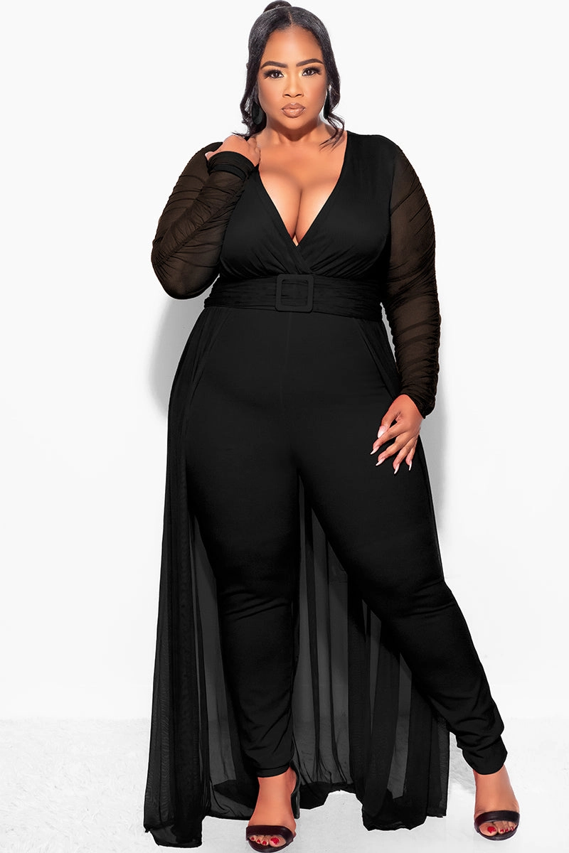 EasyClean OdorResistant Coating Final Sale  Plus Size Mesh Ruched Sleeve Jumpsuit with Attached Long Skirt in Black