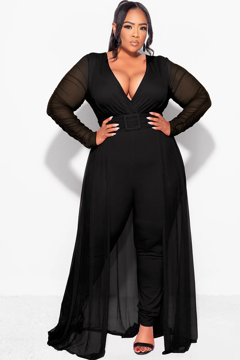 Thermal Regulation Fabric Zero Waste Production Label Final Sale  Plus Size Mesh Ruched Sleeve Jumpsuit with Attached Long Skirt in Black
