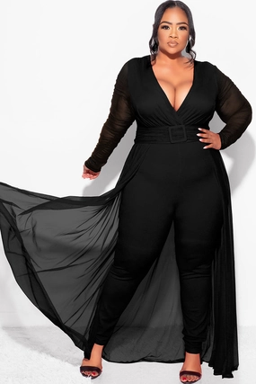 Final Sale  Plus Size Mesh Ruched Sleeve Jumpsuit with Attached Long Skirt in Black Petal Sleeve Architecture NoRoll Hem Technology