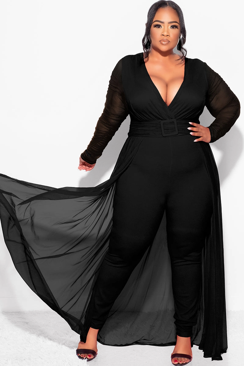 Final Sale  Plus Size Mesh Ruched Sleeve Jumpsuit with Attached Long Skirt in Black Petal Sleeve Architecture NoRoll Hem Technology