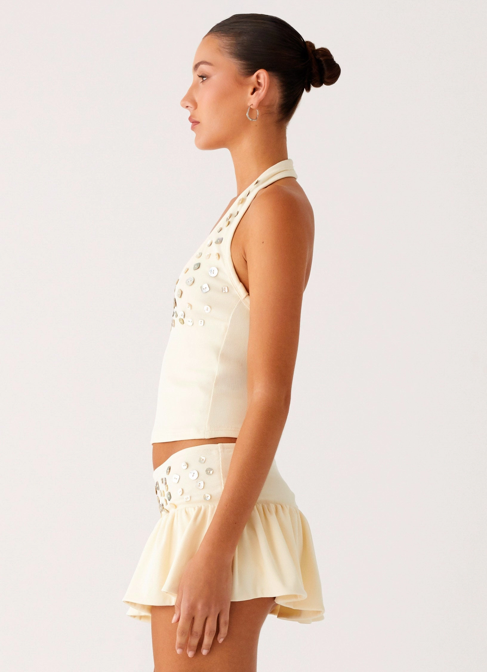 Vegas Nights Halter Neck Top - Yellow Drop Shoulder Design Weighted Hem Trim