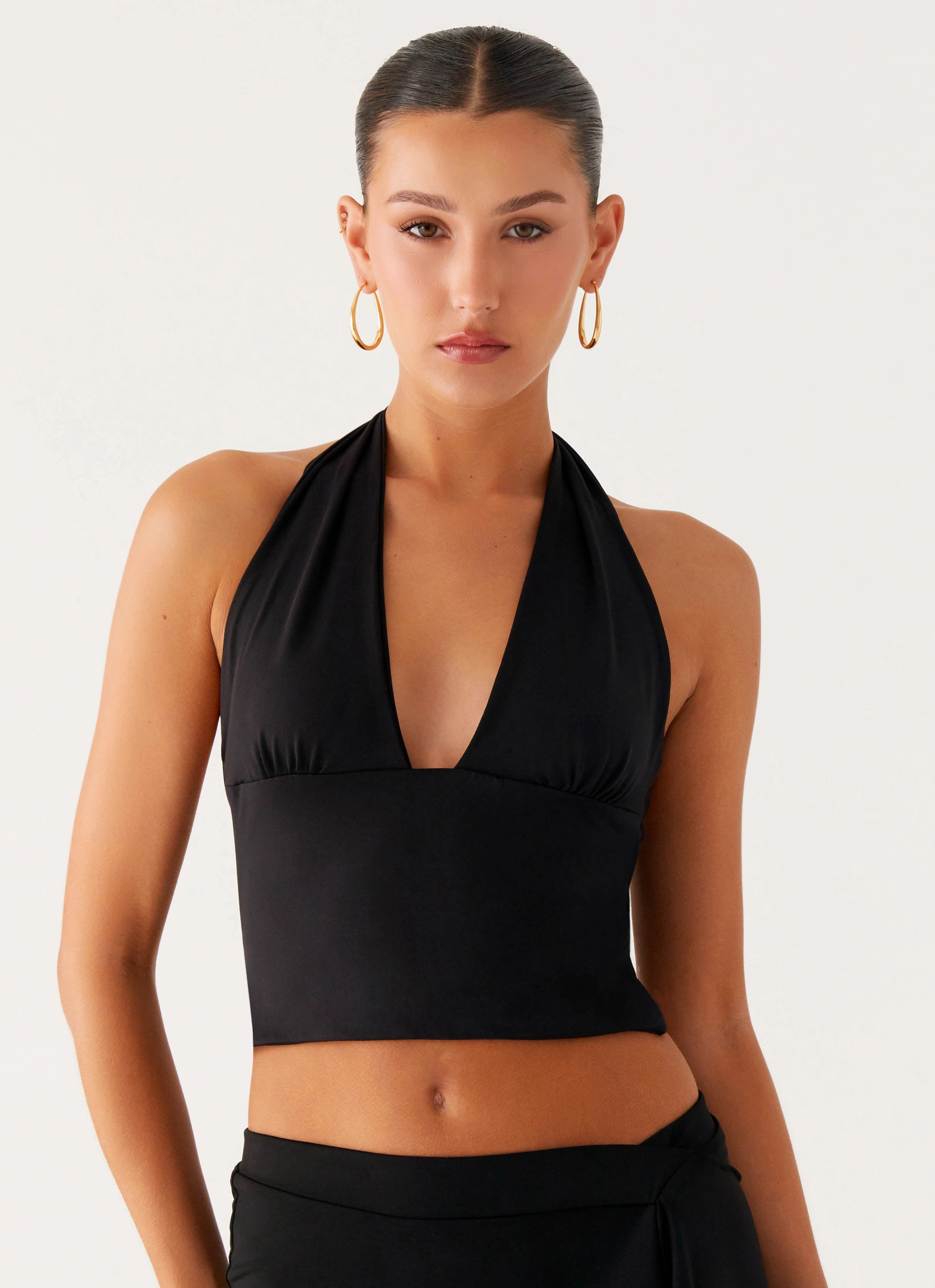 FlatlockStitching MeshPanelIntegration Fade Out Hardwear Halter Top - Black