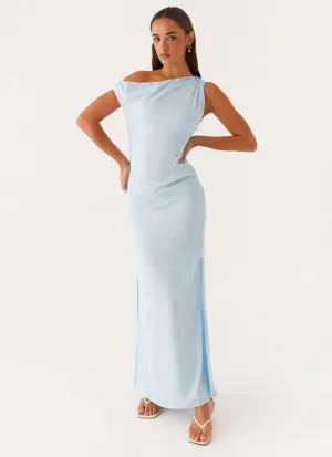 Frayed-Edge Sunset Scene Dinner Date Maxi Dress - Blue