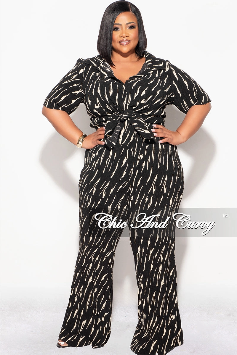 Final Sale Plus Size 2pc Button Up Collar Top and Pants Set in Black and Tan WaterRepellent Chilly Comfort