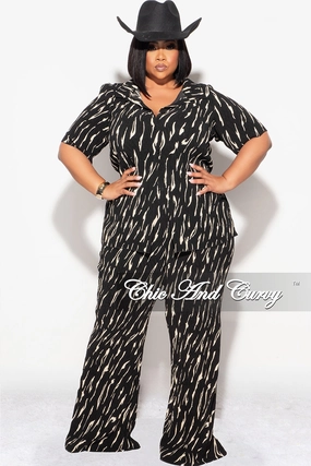 Flattering Fit Final Sale Plus Size 2pc Button Up Collar Top and Pants Set in Black and Tan