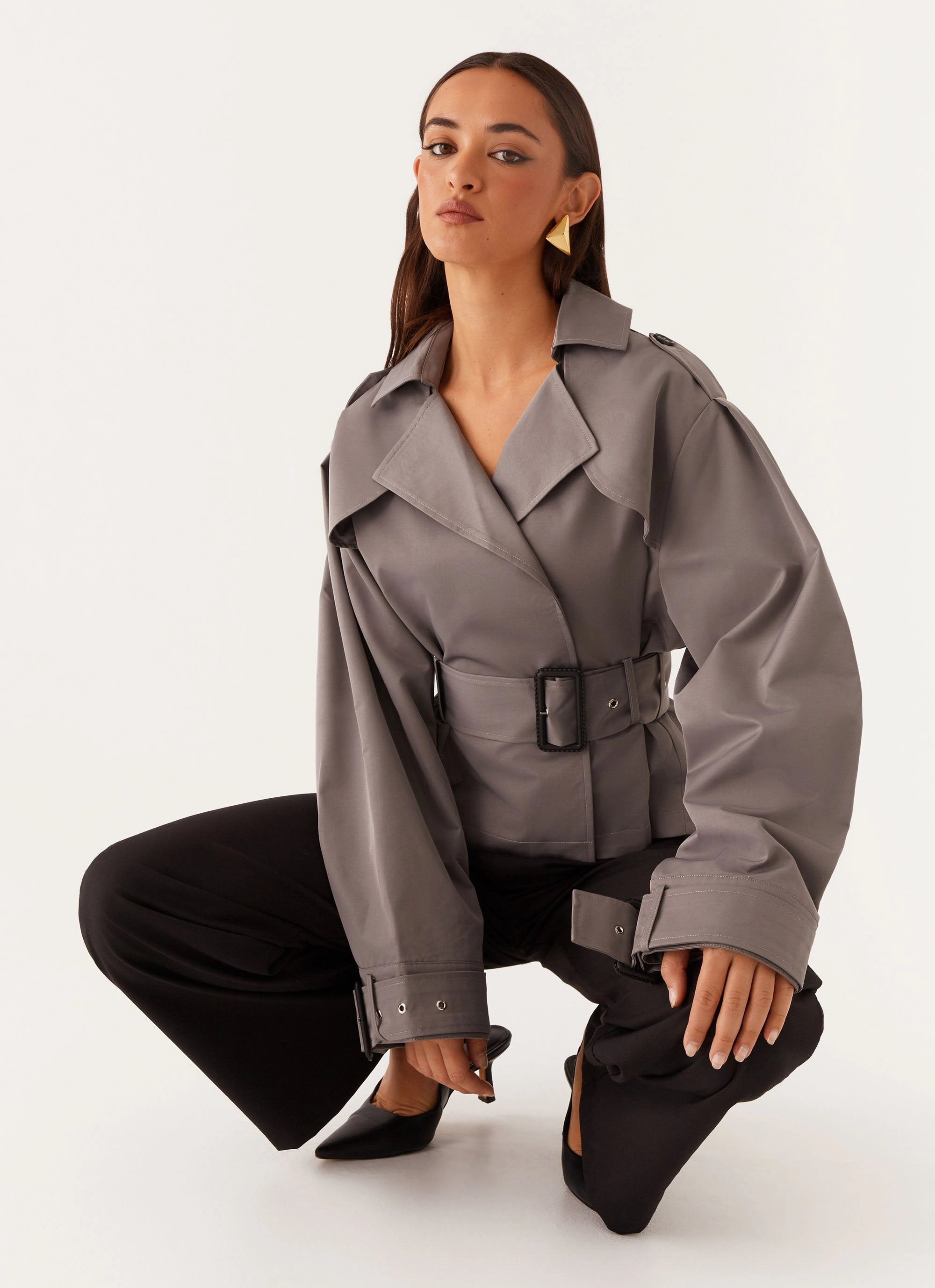 Boston Cropped Trench Coat - Charcoal Smooth Flat Collar