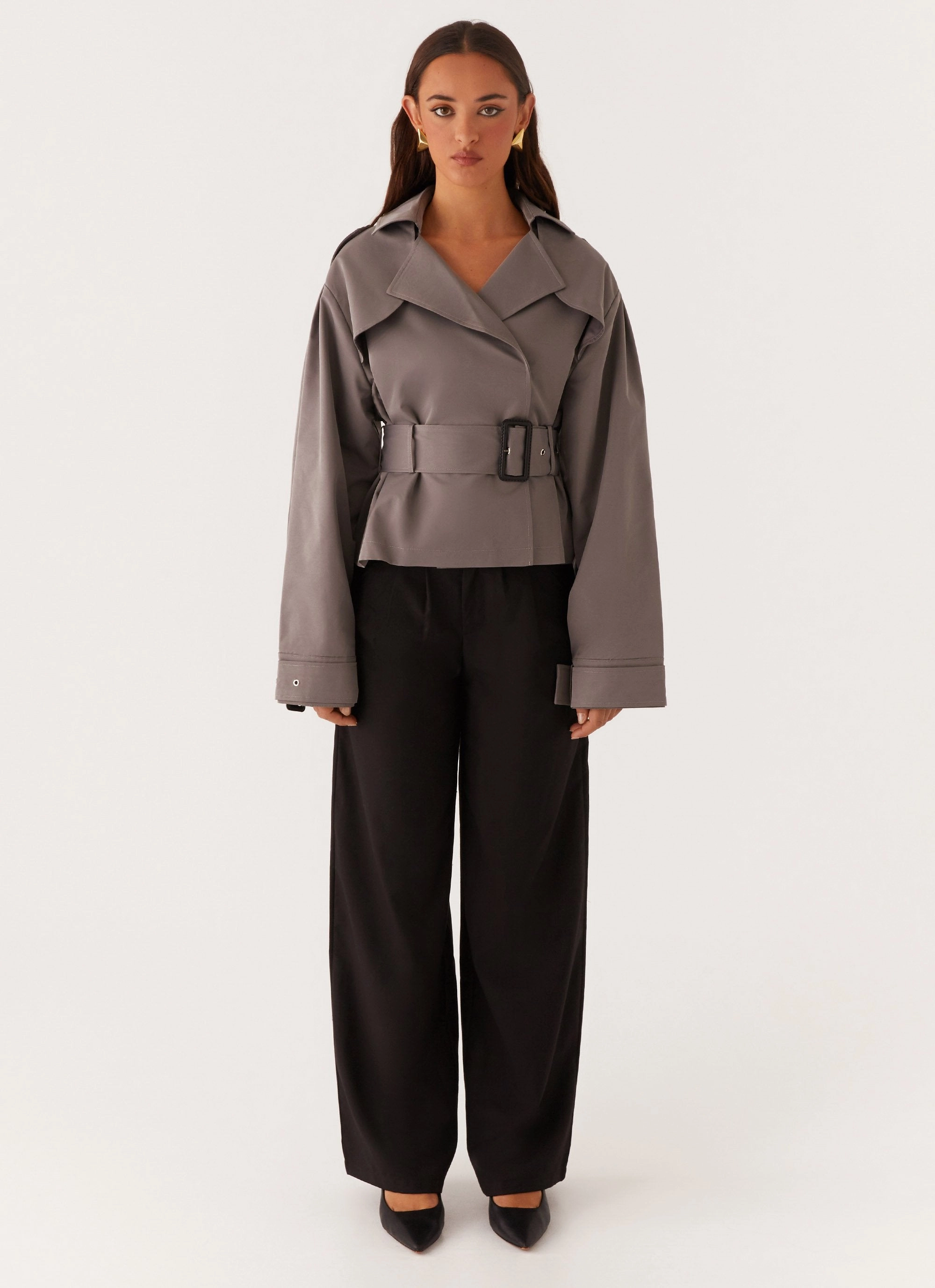 Boston Cropped Trench Coat - Charcoal Lightweight Insulation Technology Minimal Detailing