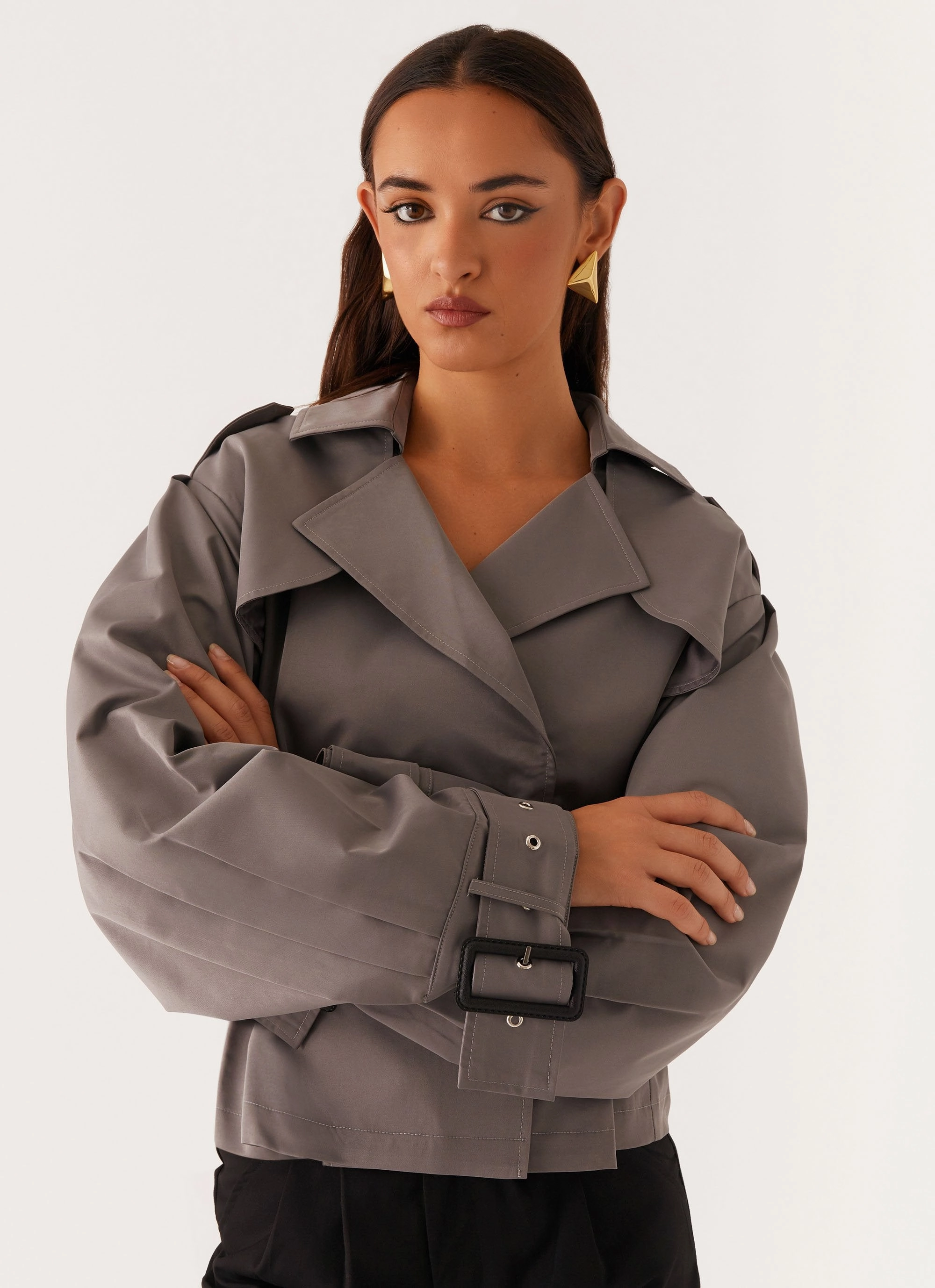 Magnetic Closure Quick Release Buckle Boston Cropped Trench Coat - Charcoal