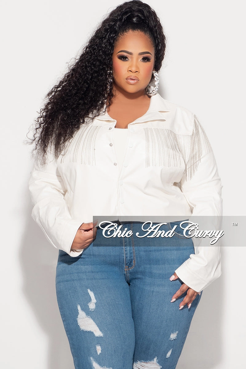 Slim Look Fit Slim Fit Design Final Sale Plus Size Fringe Faux Leather Jacket  in White