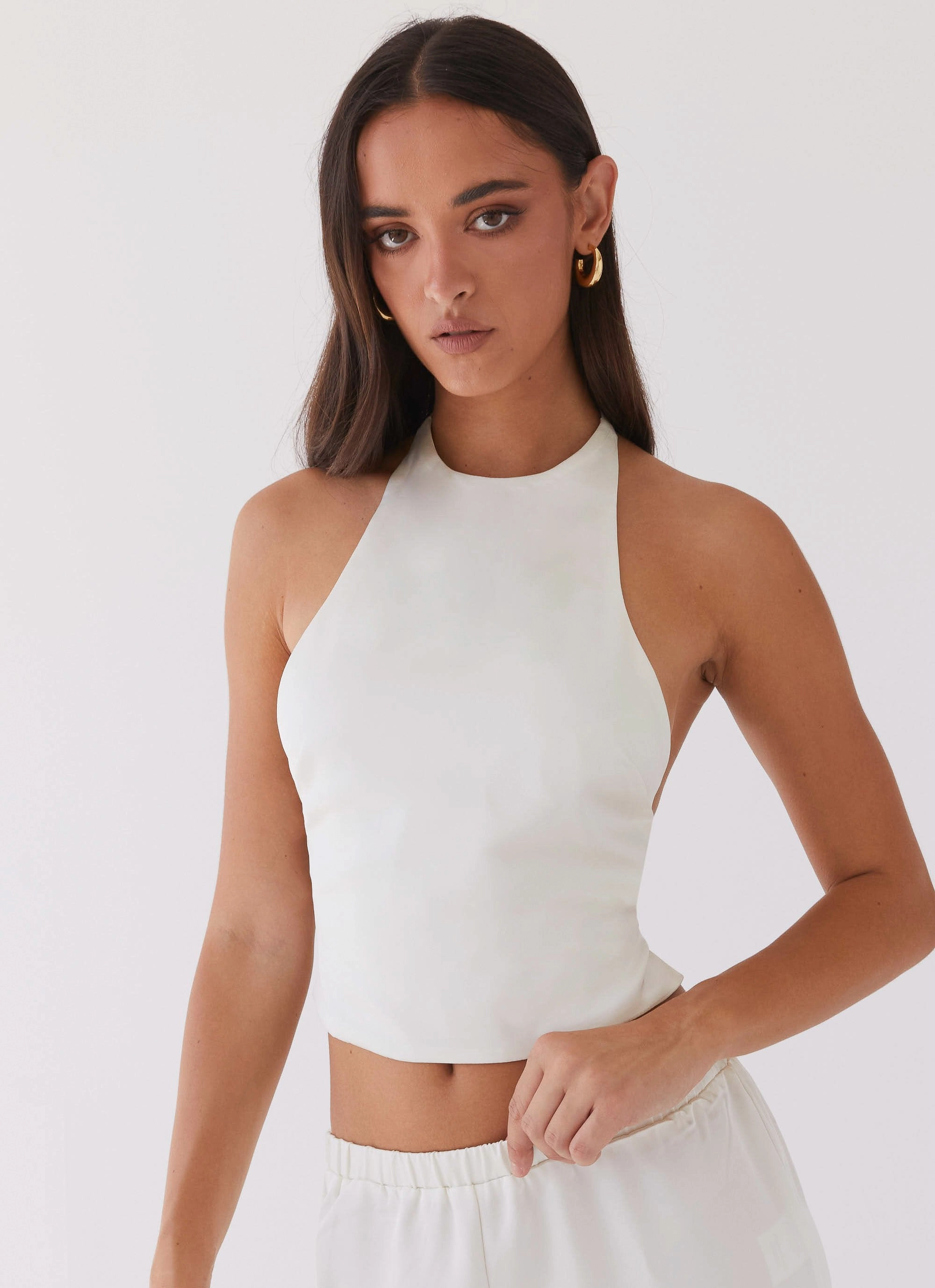 Bree Satin Halterneck Top - Pearl Sporty Blouse Reflective details