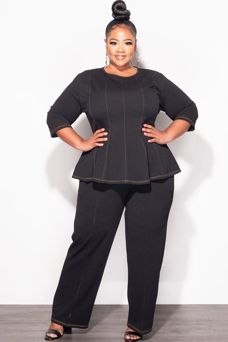 Final Sale Plus Size 2pc Peplum Top with 3/4 Sleeves and Pants Set in Black All Day Fit Street Ready