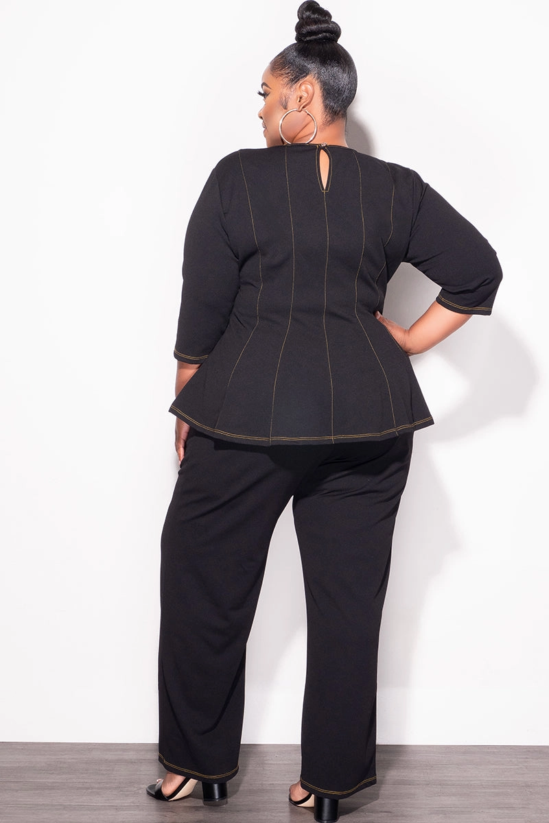 Flexible Performance Final Sale Plus Size 2pc Peplum Top with 3/4 Sleeves and Pants Set in Black