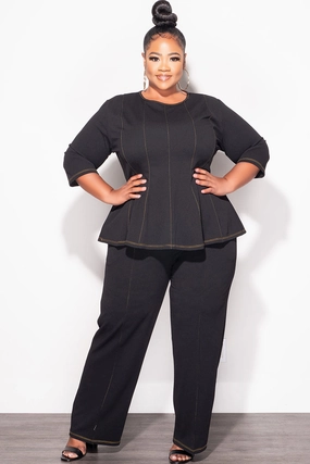 Final Sale Plus Size 2pc Peplum Top with 3/4 Sleeves and Pants Set in Black All Day Fit Street Ready
