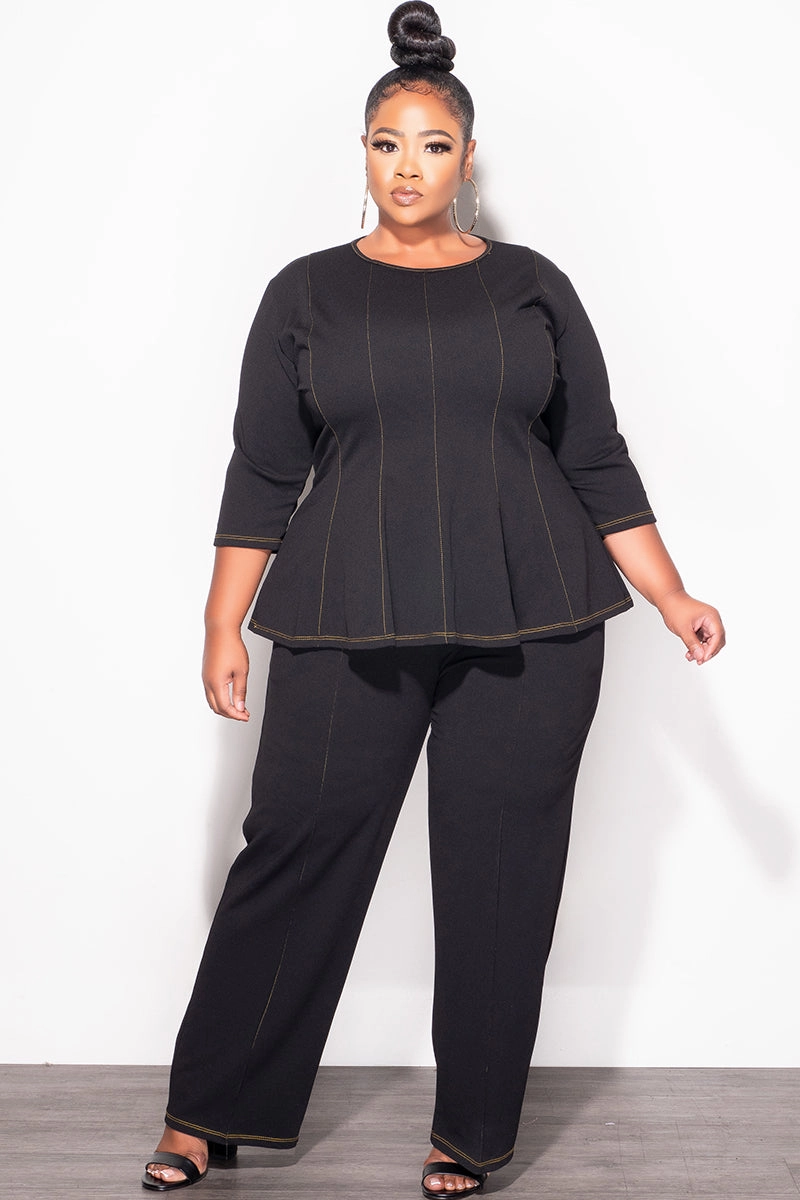 Final Sale Plus Size 2pc Peplum Top with 3/4 Sleeves and Pants Set in Black Perfect Fit Training Wear