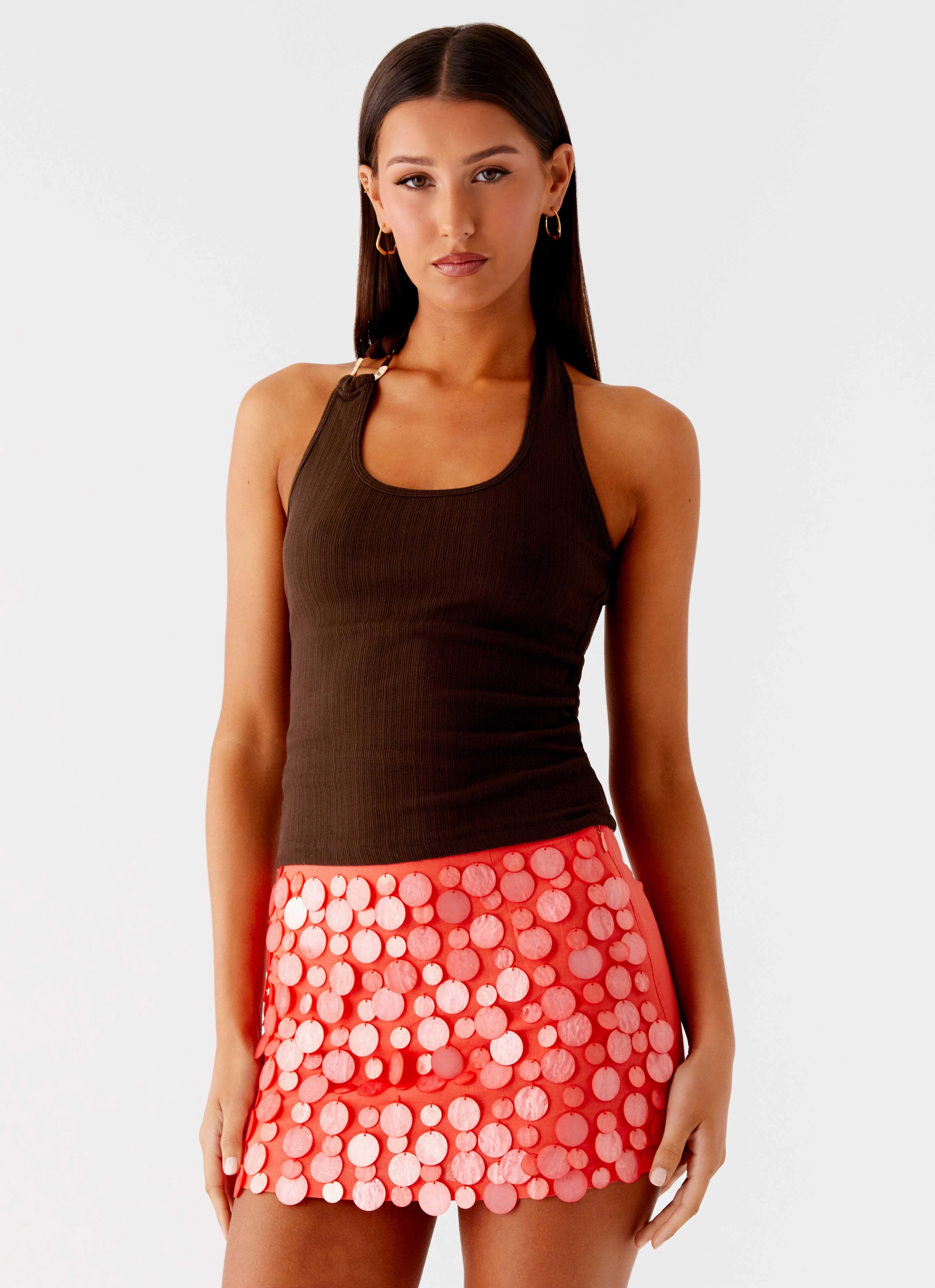 Layered Shoulder Basic Wardrobe Nera Halter Top - Chocolate