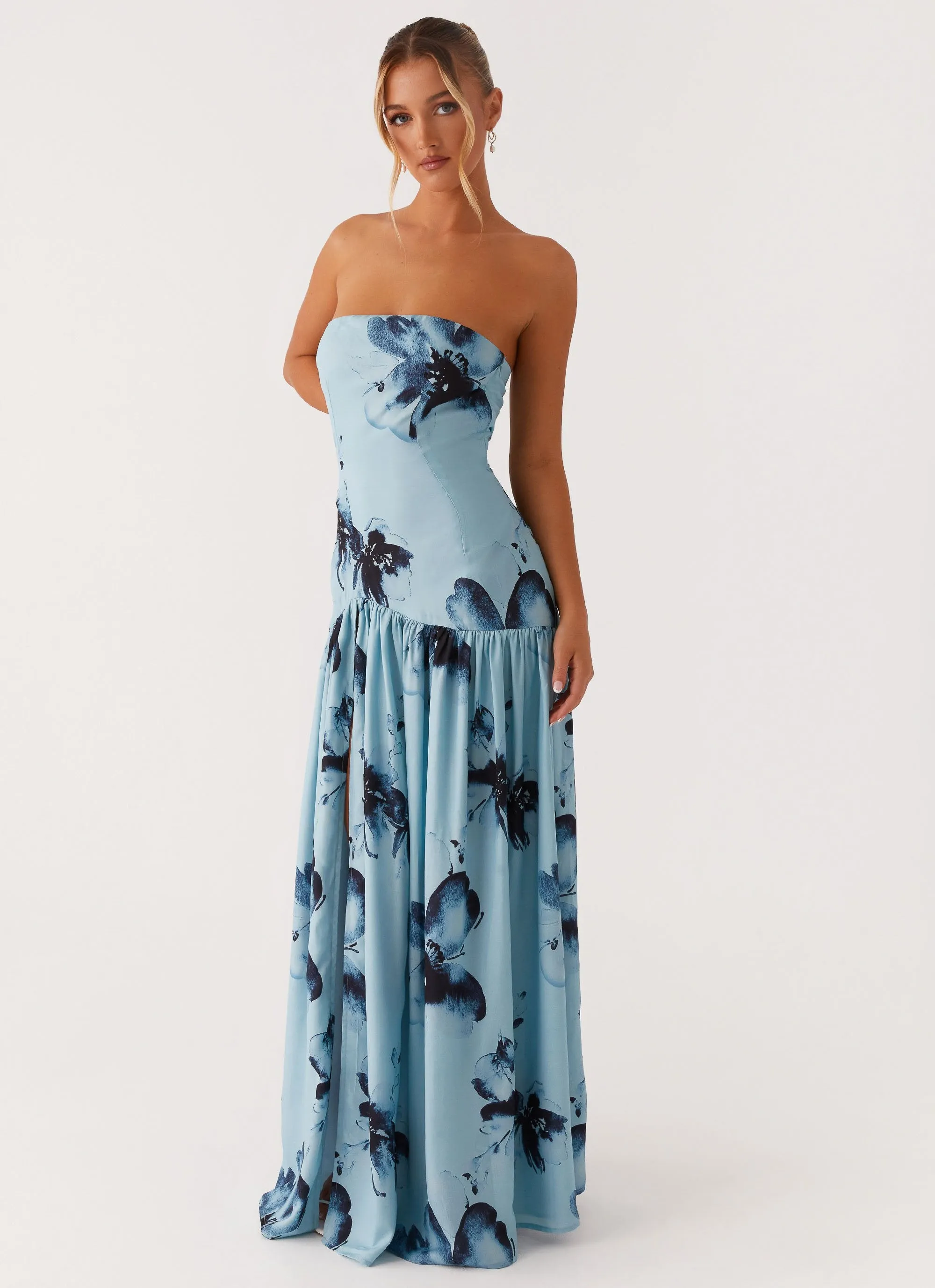 Eden Strapless Maxi Dress - Blue Black Floral Simple Elegance LayeredHemline