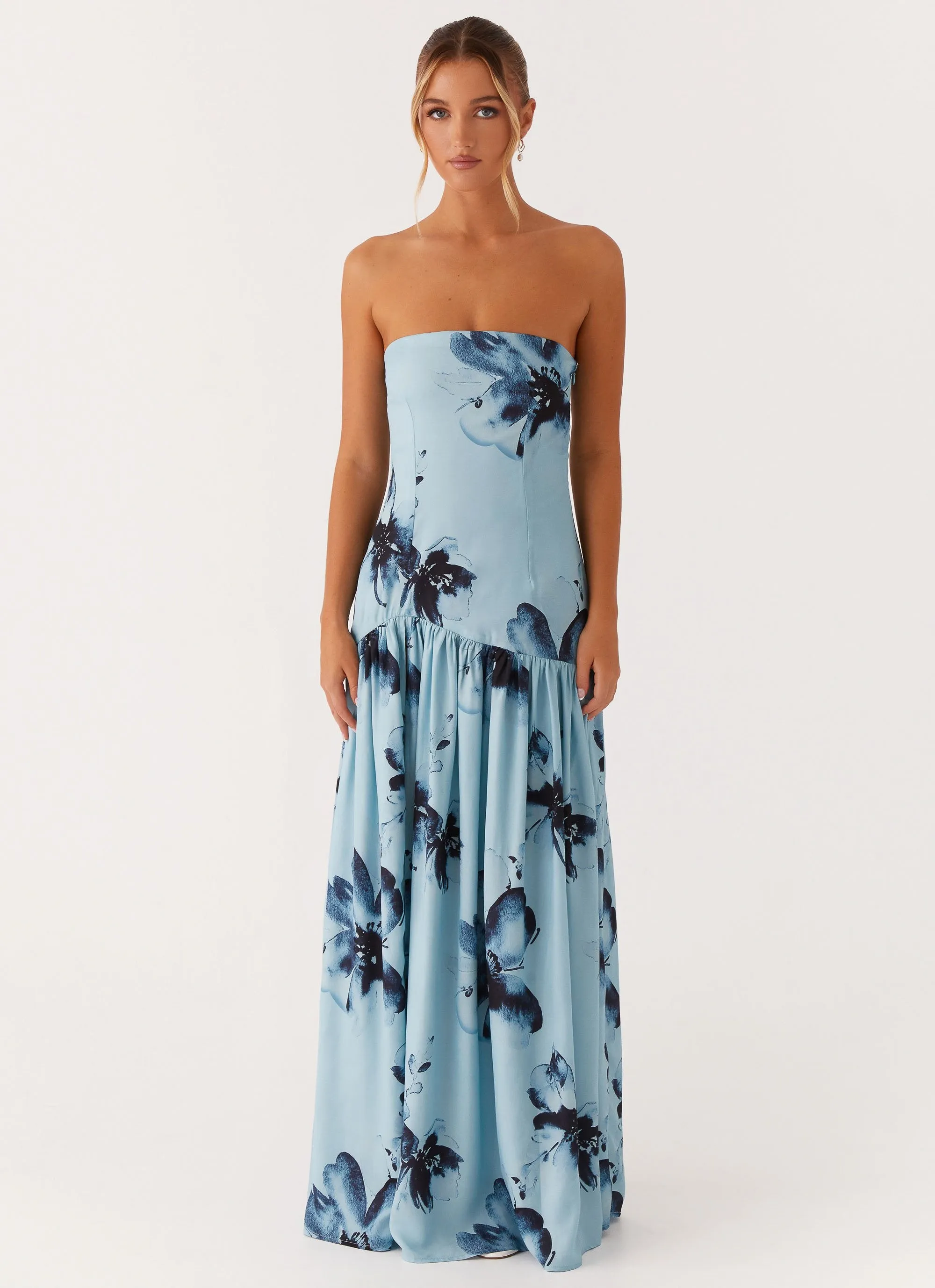 Layered Comfort Wear Eden Strapless Maxi Dress - Blue Black Floral