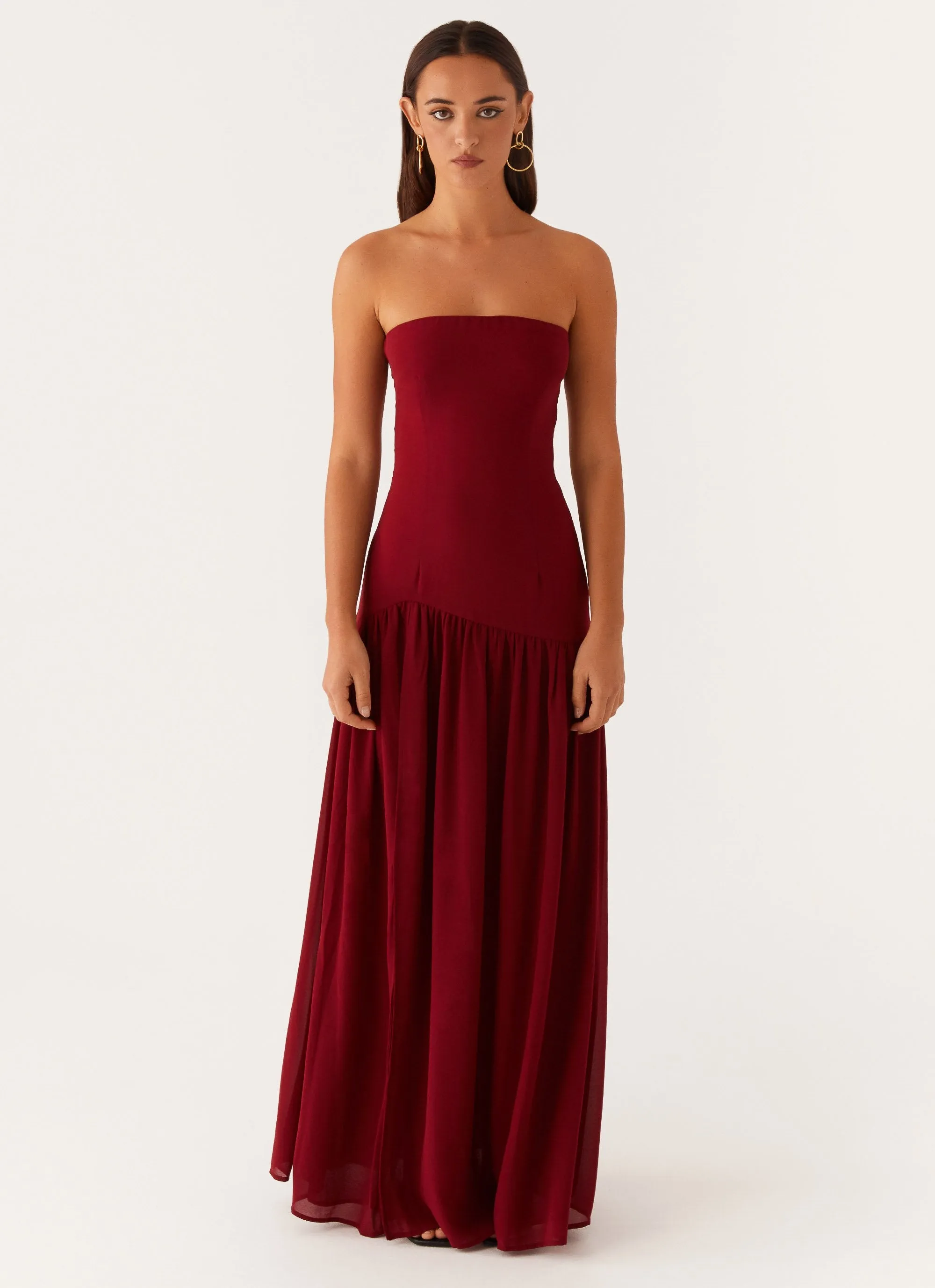 Luxe Mood Sharp Fit Eden Strapless Maxi Dress - Maroon